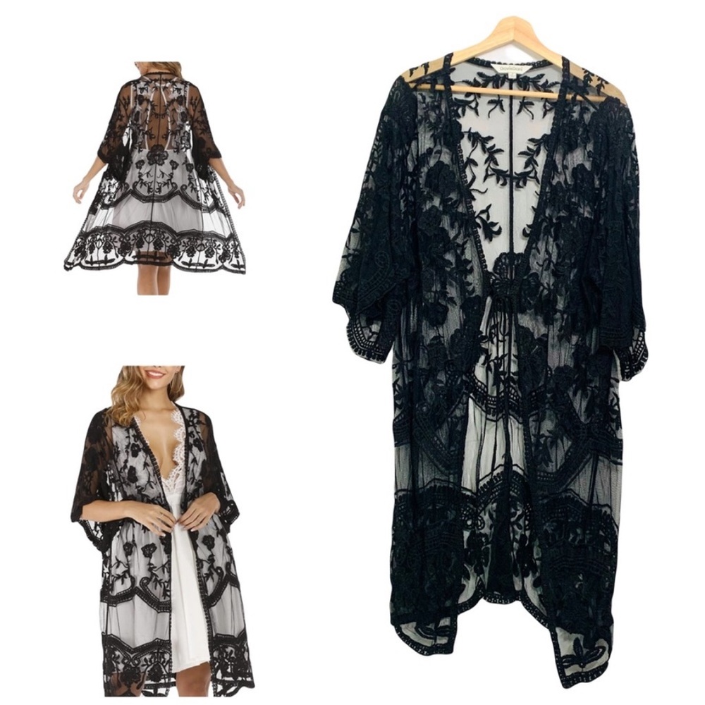 Fairy Goth Davi & Dani Black Lace Cardigan Floral Sheer Cover Up Long Kimono